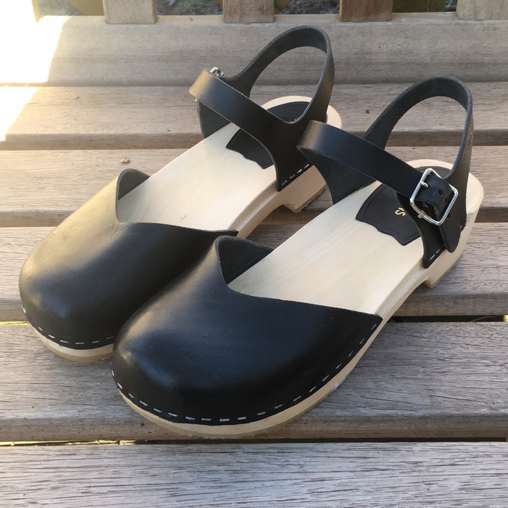 Swedish Hasbeens Black Clogs Low Heel